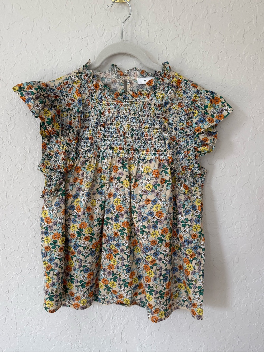 moodie Floral Smocked Ruffle Sleeve Top - Cream, Green, Orange, Blue Size Medium